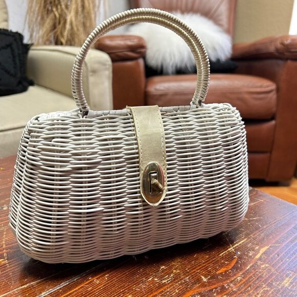 Miss Ellen Womens Vintage Basket Bag White Wicker Double Handle